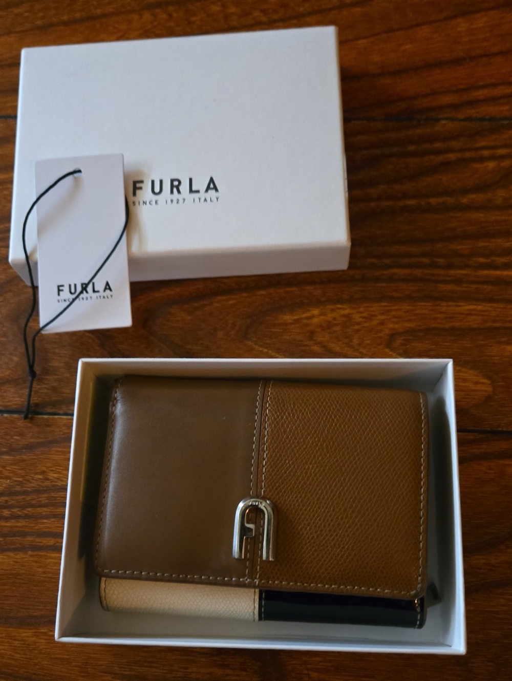 Furla Brown Tricolor Leather Card Holder with Silver Hardware